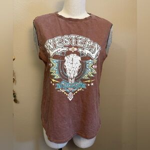 Women’s Y2K Brown Distressed 100% Cotton Western Graphic Beaded Sleeveless Shirt